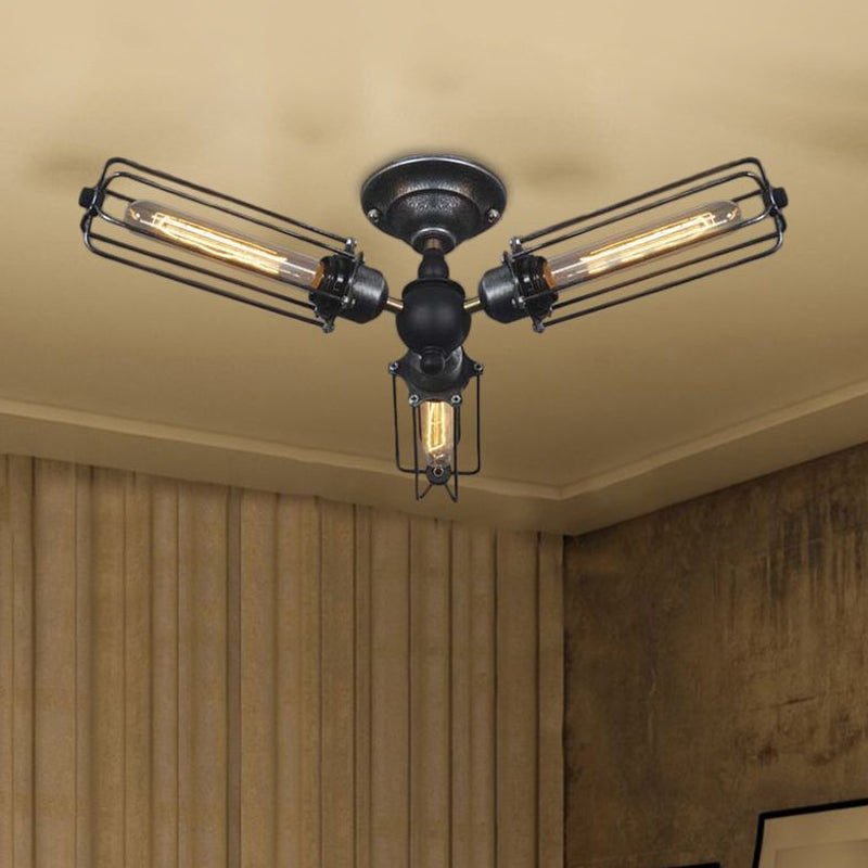 Fan Design Metal Ceiling Lamp with Tube Cage Shade Farmhouse Style 3 Lights Living Room Semi Flush Mount Light Clearhalo 'Ceiling Lights' 'Close To Ceiling Lights' 'Close to ceiling' 'Semi-flushmount' Lighting' 679541