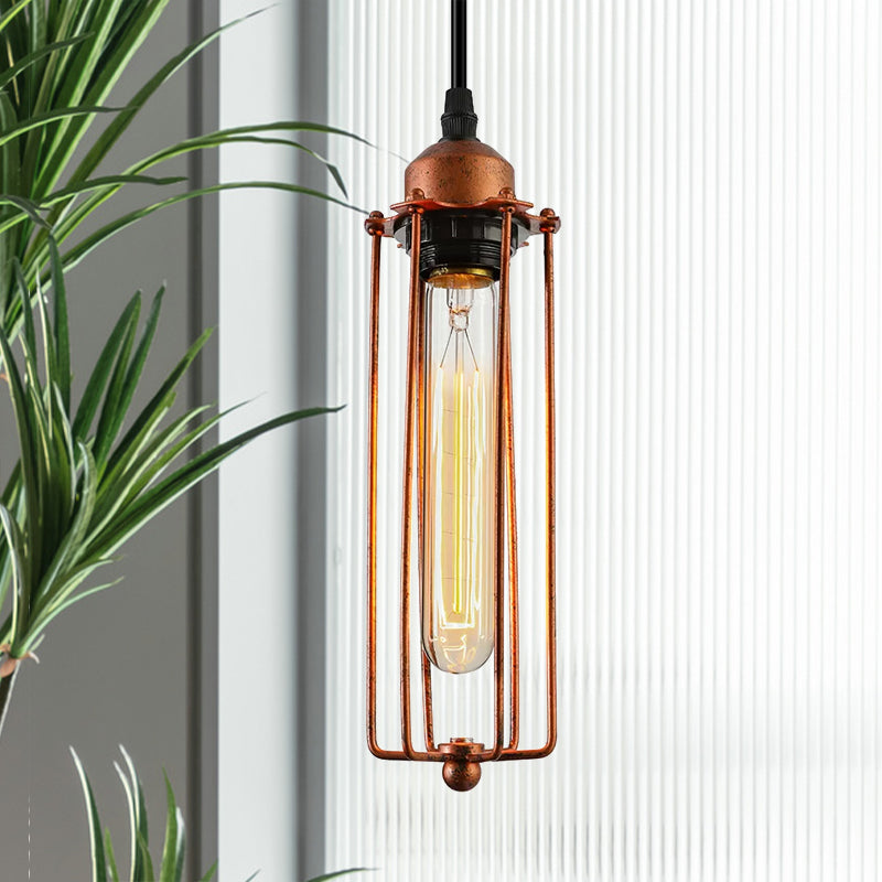 Dark Rust Tube Pendant Lighting Vintage Style Metallic 1 Bulb Kitchen Hanging Lamp with Wire Guard Clearhalo 'Art Deco Pendants' 'Cast Iron' 'Ceiling Lights' 'Ceramic' 'Crystal' 'Industrial Pendants' 'Industrial' 'Metal' 'Middle Century Pendants' 'Pendant Lights' 'Pendants' 'Tiffany' Lighting' 679554