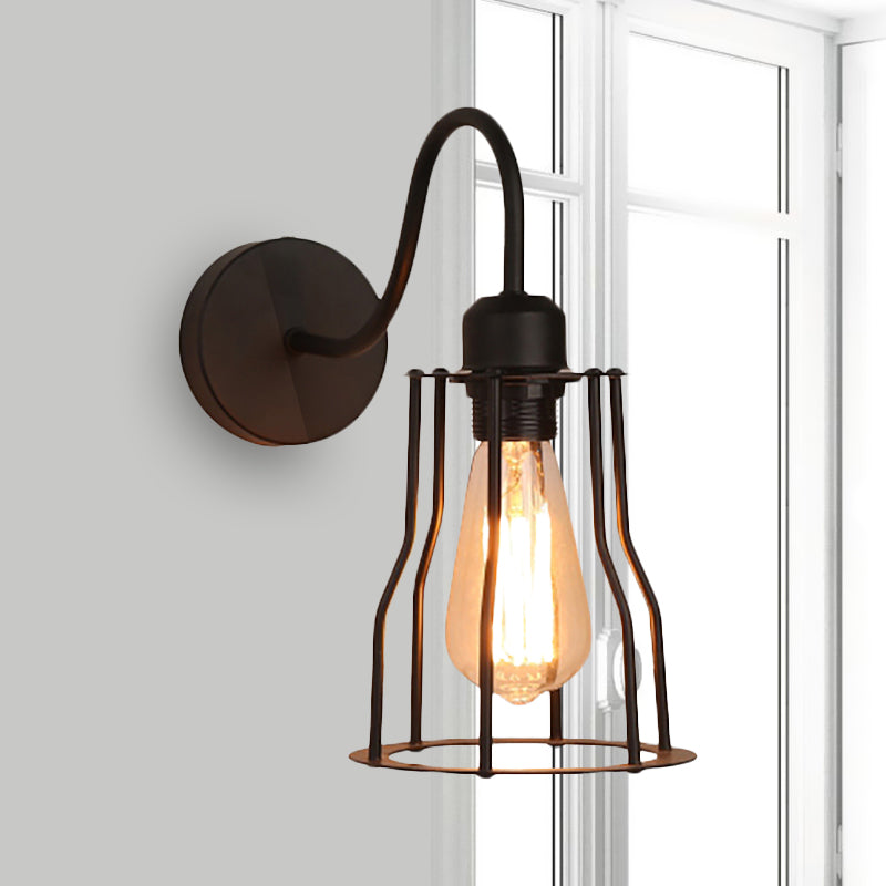 Caged Farmhouse Wall Sconce Light with Gooseneck Arm Vintage Style Iron 1 Light Black Wall Mount Light Clearhalo 'Art deco wall lights' 'Cast Iron' 'Glass' 'Industrial wall lights' 'Industrial' 'Middle century wall lights' 'Modern' 'Rustic wall lights' 'Tiffany' 'Traditional wall lights' 'Wall Lamps & Sconces' 'Wall Lights' Lighting' 679599