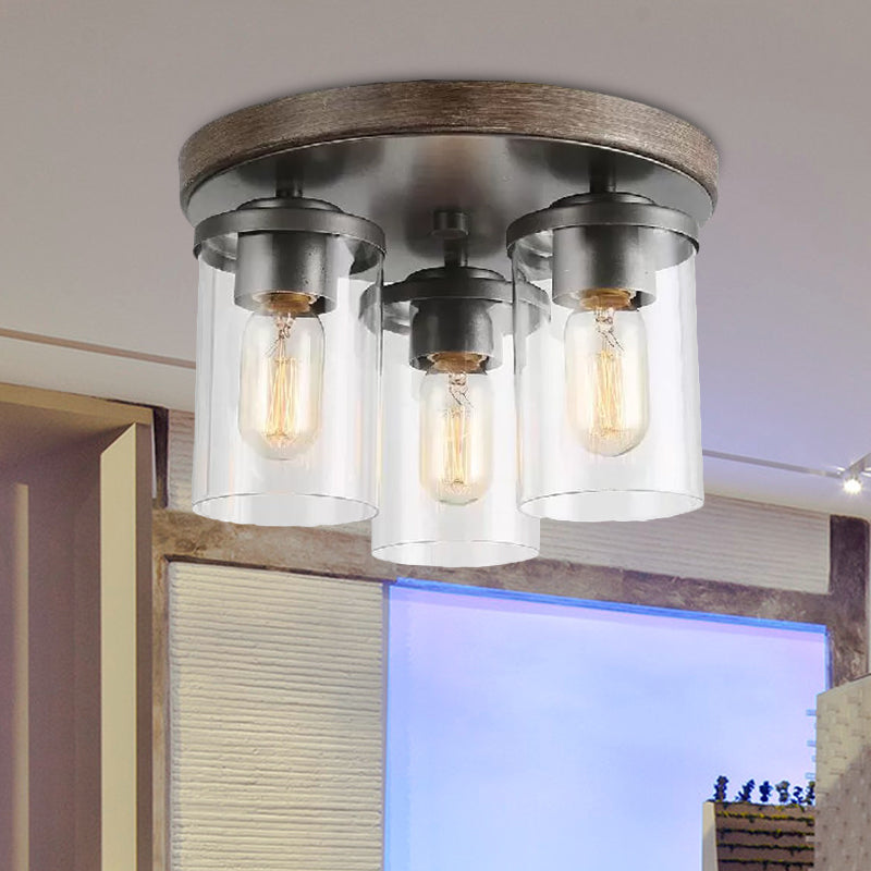 Cylinder Clear Glass Flush Ceiling Light Industrial 3 Bulbs Living Room Lamping in Bronze Clearhalo 'Ceiling Lights' 'Close To Ceiling Lights' 'Close to ceiling' 'Glass shade' 'Glass' 'Pendant Lights' Lighting' 679608