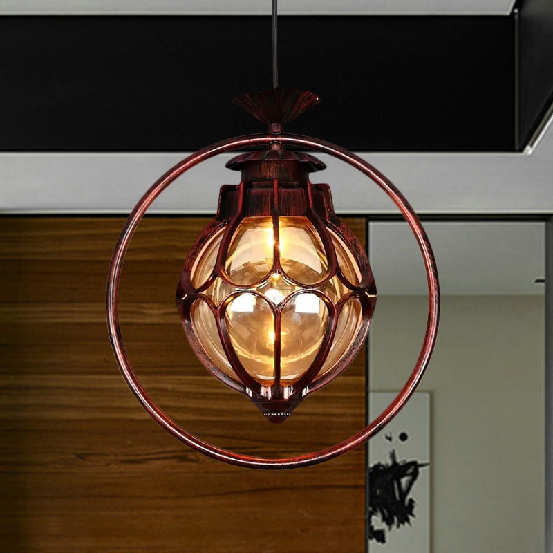 Amber Glass Ball Pendant Lamp with Wooden Base 1 Light Country Ceiling Hanging Light in Copper Clearhalo 'Ceiling Lights' 'Industrial Pendants' 'Industrial' 'Middle Century Pendants' 'Pendant Lights' 'Pendants' 'Tiffany' Lighting' 679628