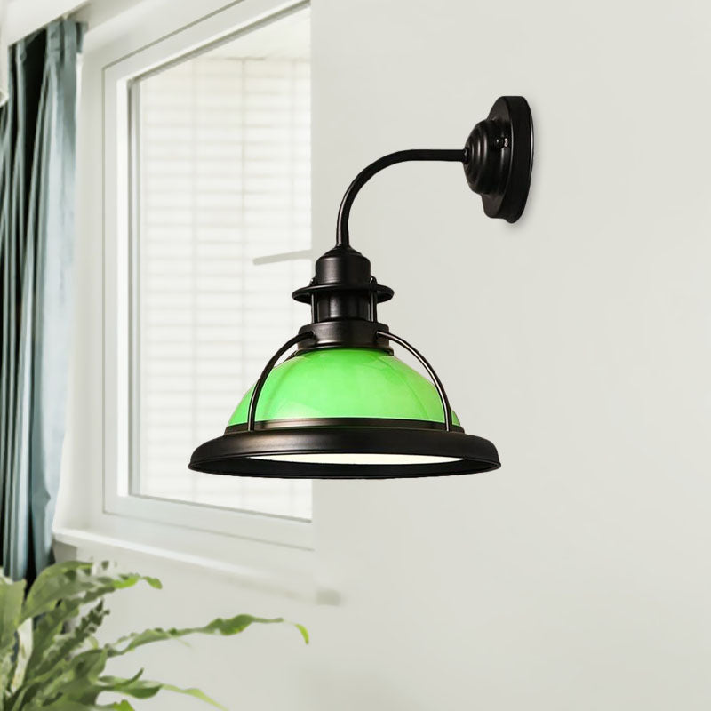 Dome White/Green Glass Wall Mounted Lamp Industrial Single Bulb Bedroom Sconce Light in Black with Curved Arm Clearhalo 'Art deco wall lights' 'Cast Iron' 'Glass' 'Industrial wall lights' 'Industrial' 'Middle century wall lights' 'Modern' 'Rustic wall lights' 'Tiffany' 'Traditional wall lights' 'Wall Lamps & Sconces' 'Wall Lights' Lighting' 679643