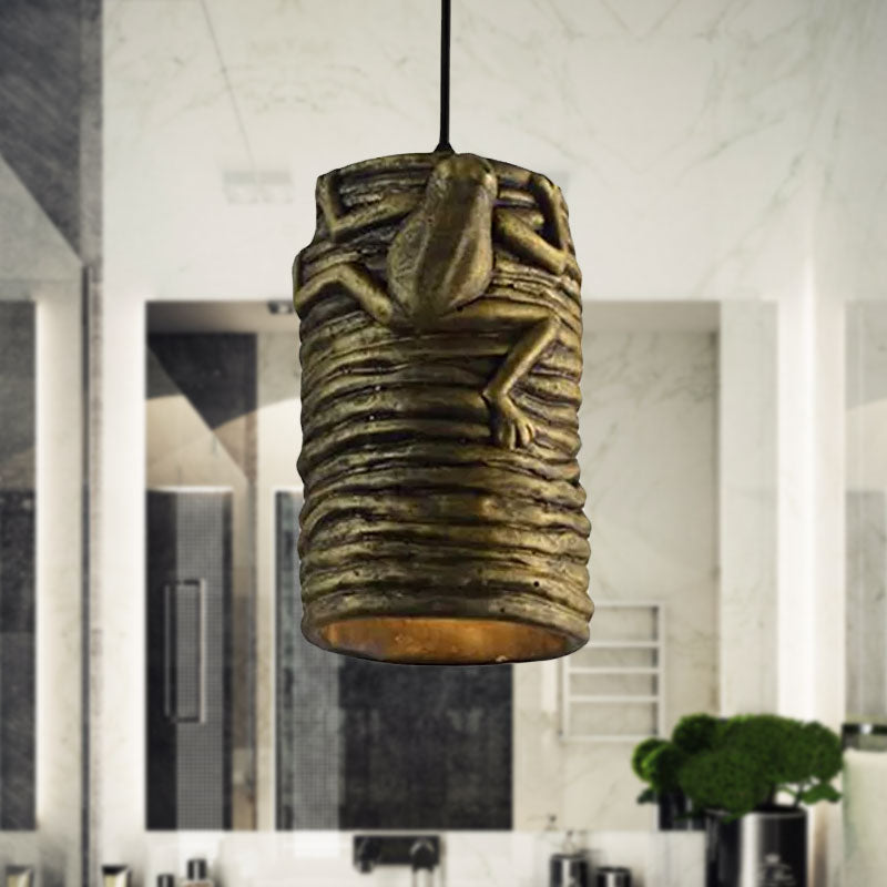 Industrial Cylinder Pendant Light with Frog Deco 1 Light Cement and Resin Pendant Lamp in Brass/Black/Grey for Bar Clearhalo 'Ceiling Lights' 'Modern Pendants' 'Modern' 'Pendant Lights' 'Pendants' Lighting' 679711