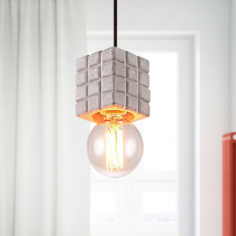 Cement Square Pendant Lighting with Bare Bulb Vintage 1 Light Restaurant Ceiling Lamp in Grey Clearhalo 'Ceiling Lights' 'Modern Pendants' 'Modern' 'Pendant Lights' 'Pendants' Lighting' 679712