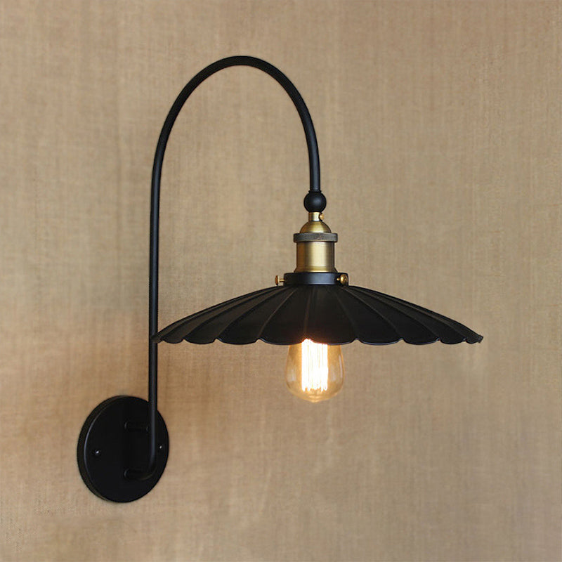 Industrial Scalloped Edge Wall Lamp Sconce 1 Bulb Metallic Wall Light with Arched Arm in Black for Hallway Clearhalo 'Art deco wall lights' 'Cast Iron' 'Glass' 'Industrial wall lights' 'Industrial' 'Middle century wall lights' 'Modern' 'Rustic wall lights' 'Tiffany' 'Traditional wall lights' 'Wall Lamps & Sconces' 'Wall Lights' Lighting' 679725