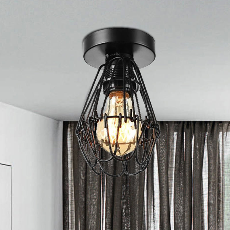 Industrial Cage Flush Pendant Light with Petal Design 1 Light Metal Ceiling Lighting in Black for Coffee Shop Clearhalo 'Ceiling Lights' 'Close To Ceiling Lights' 'Close to ceiling' 'Semi-flushmount' Lighting' 679739