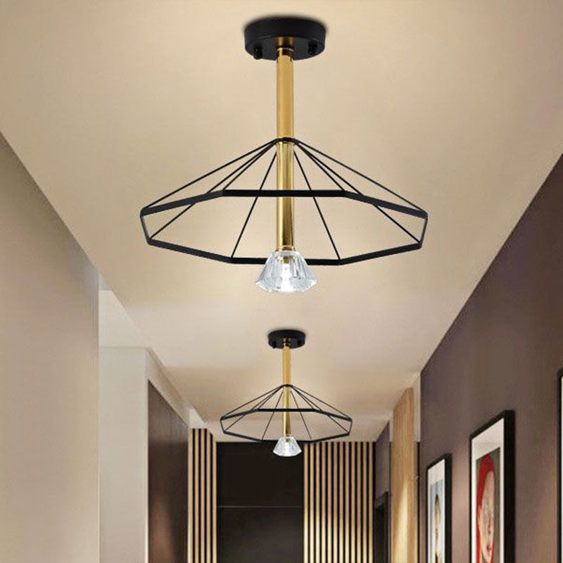 LED Cage Flared Semi Flush Light Loft Style Black Metal Semi Flush Pendant Light with Crystal Shade Clearhalo 'Ceiling Lights' 'Close To Ceiling Lights' 'Close to ceiling' 'Semi-flushmount' Lighting' 679741