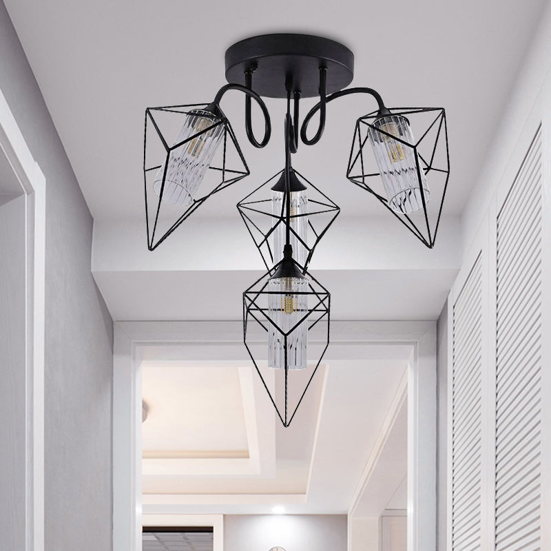 Cage Diamond Bedroom Ceiling Mount Chandelier Retro Metal 4/6 Lights Black Pendant Light with Inner Clear Glass Shade Clearhalo 'Ceiling Lights' 'Close To Ceiling Lights' 'Close to ceiling' 'Glass shade' 'Glass' 'Semi-flushmount' Lighting' 679742