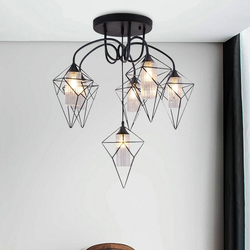 Cage Diamond Bedroom Ceiling Mount Chandelier Retro Metal 4/6 Lights Black Pendant Light with Inner Clear Glass Shade Clearhalo 'Ceiling Lights' 'Close To Ceiling Lights' 'Close to ceiling' 'Glass shade' 'Glass' 'Semi-flushmount' Lighting' 679743