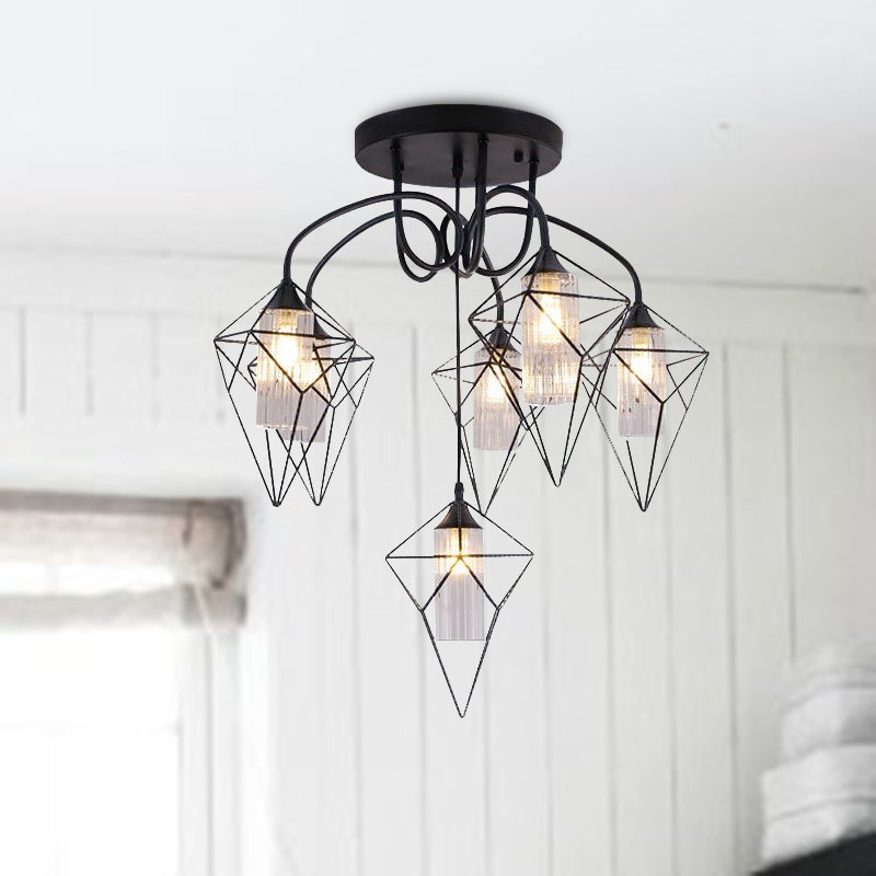Cage Diamond Bedroom Ceiling Mount Chandelier Retro Metal 4/6 Lights Black Pendant Light with Inner Clear Glass Shade Clearhalo 'Ceiling Lights' 'Close To Ceiling Lights' 'Close to ceiling' 'Glass shade' 'Glass' 'Semi-flushmount' Lighting' 679744