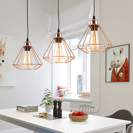 3 Lights Metal Pendant Lamp Loft Style Polished Copper Diamond Caged Indoor Hanging Fixture in Black Finish Clearhalo 'Ceiling Lights' 'Modern Pendants' 'Modern' 'Pendant Lights' 'Pendants' Lighting' 679748