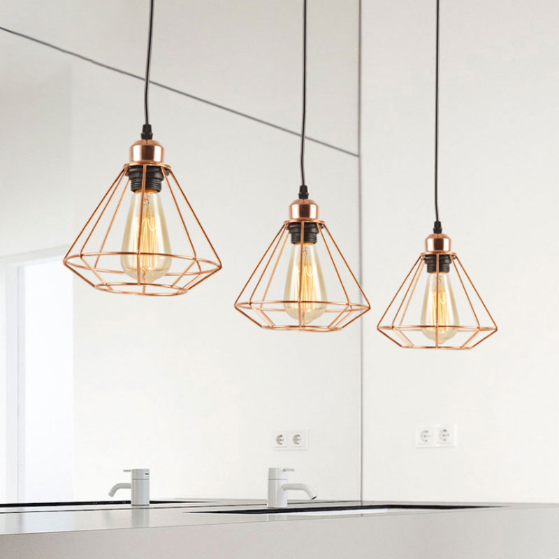 3 Lights Metal Pendant Lamp Loft Style Polished Copper Diamond Caged Indoor Hanging Fixture in Black Finish Clearhalo 'Ceiling Lights' 'Modern Pendants' 'Modern' 'Pendant Lights' 'Pendants' Lighting' 679749