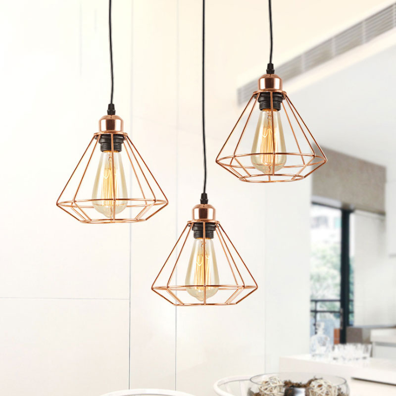 3 Lights Metal Pendant Lamp Loft Style Polished Copper Diamond Caged Indoor Hanging Fixture in Black Finish Clearhalo 'Ceiling Lights' 'Modern Pendants' 'Modern' 'Pendant Lights' 'Pendants' Lighting' 679750