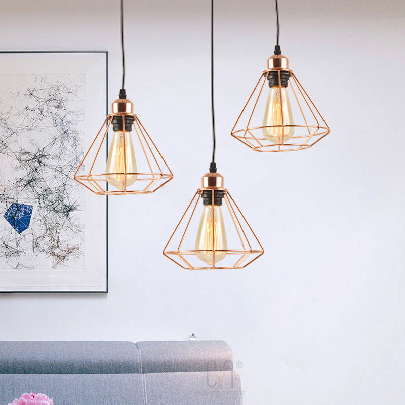 3 Lights Metal Pendant Lamp Loft Style Polished Copper Diamond Caged Indoor Hanging Fixture in Black Finish Clearhalo 'Ceiling Lights' 'Modern Pendants' 'Modern' 'Pendant Lights' 'Pendants' Lighting' 679751