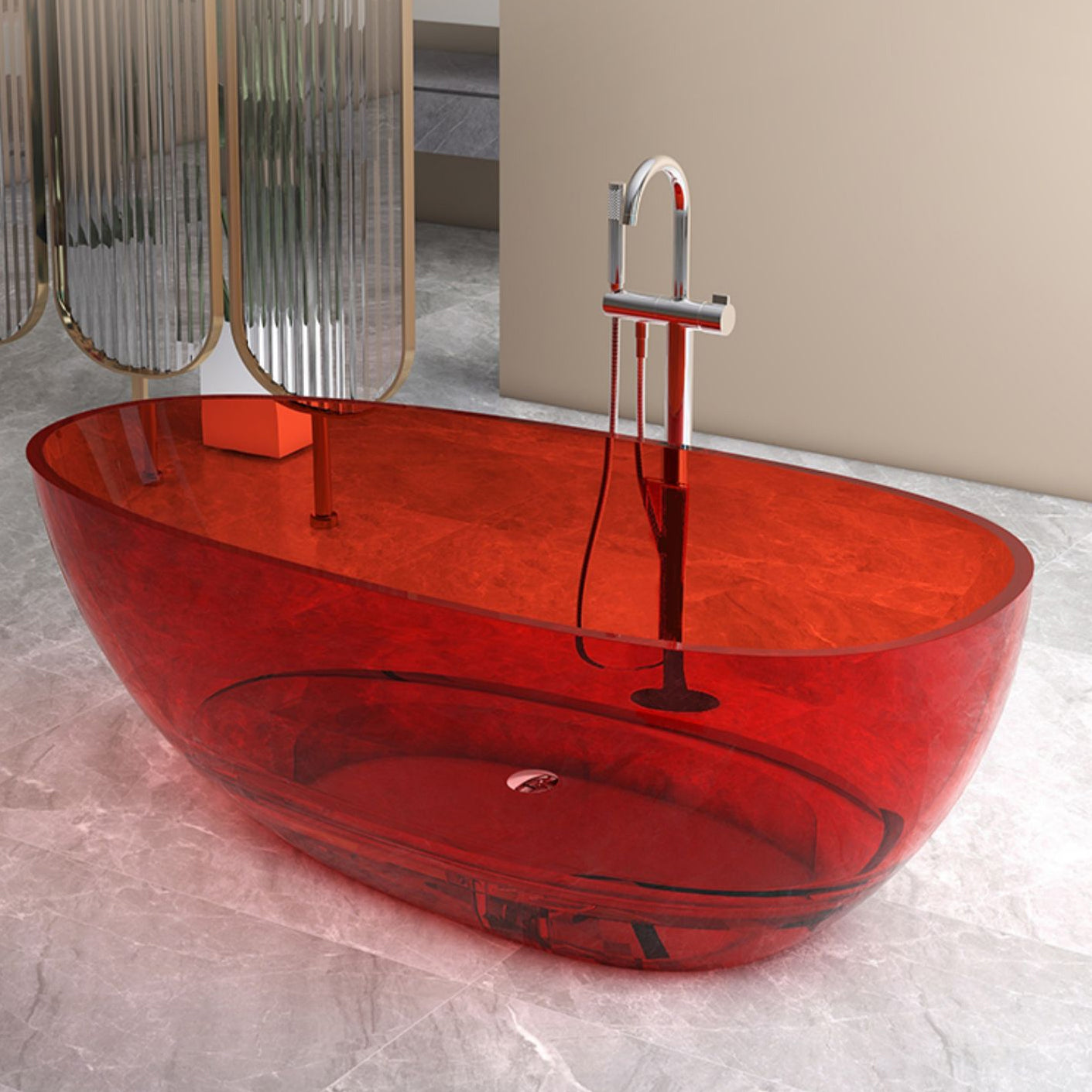 Modern Style Transparent Bathtub Oval Freestanding Bathtub for Bathroom Red 63"L x 31"W x 21"H Clearhalo 'Bathroom Remodel & Bathroom Fixtures' 'Bathtubs' 'Home Improvement' 'home_improvement' 'home_improvement_bathtubs' 'Showers & Bathtubs' 6798960