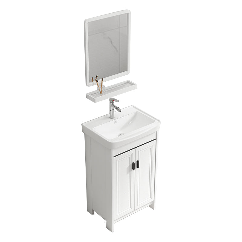 Rectangle Vanity Set White 2 Doors Freestanding Metal Frame Single Sink Vanity Vanity & Faucet & Mirrors 20"L x 14"W x 32"H Towel Bar Not Included Clearhalo 'Bathroom Remodel & Bathroom Fixtures' 'Bathroom Vanities' 'bathroom_vanities' 'Home Improvement' 'home_improvement' 'home_improvement_bathroom_vanities' 6800483