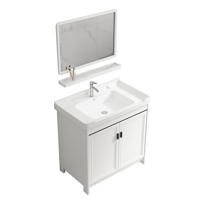 Rectangle Vanity Set White 2 Doors Freestanding Metal Frame Single Sink Vanity Vanity & Faucet & Mirrors Towel Bar Not Included Clearhalo 'Bathroom Remodel & Bathroom Fixtures' 'Bathroom Vanities' 'bathroom_vanities' 'Home Improvement' 'home_improvement' 'home_improvement_bathroom_vanities' 6800487