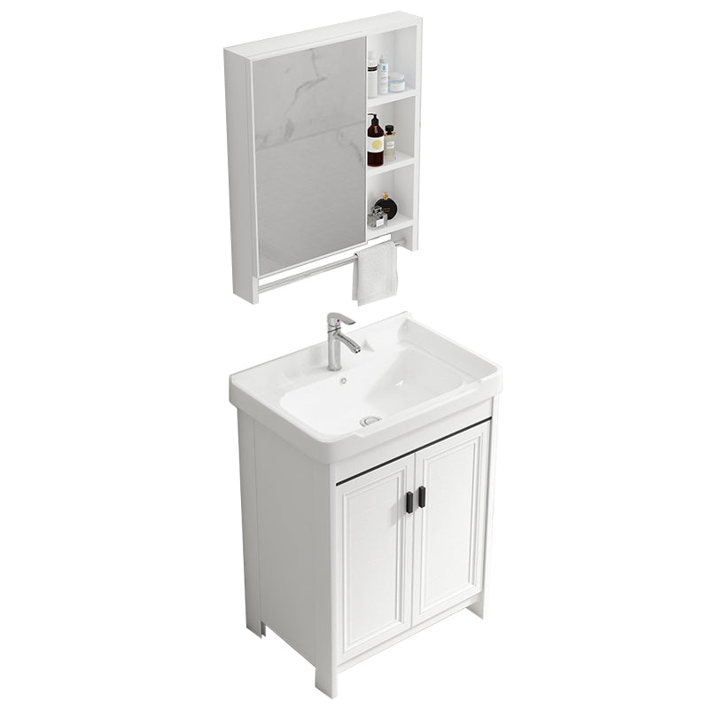 Rectangle Vanity Set White 2 Doors Freestanding Metal Frame Single Sink Vanity Vanity & Faucet & Mirror Cabinet Towel Bar Included Clearhalo 'Bathroom Remodel & Bathroom Fixtures' 'Bathroom Vanities' 'bathroom_vanities' 'Home Improvement' 'home_improvement' 'home_improvement_bathroom_vanities' 6800497