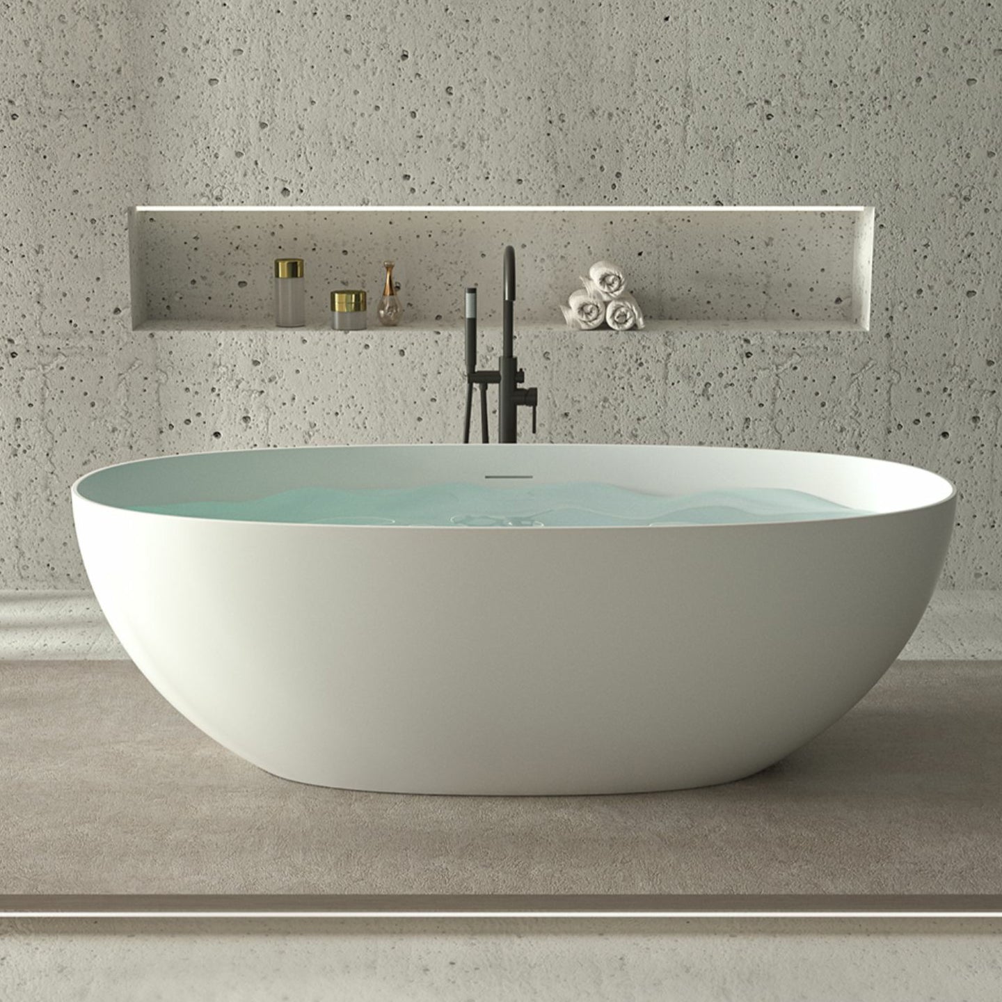 Modern Style Freestanding Soaking Bathtub Stone Bathroom Bathtub in White 55"L x 27.5"W x 22"H Oval Clearhalo 'Bathroom Remodel & Bathroom Fixtures' 'Bathtubs' 'Home Improvement' 'home_improvement' 'home_improvement_bathtubs' 'Showers & Bathtubs' 6811916