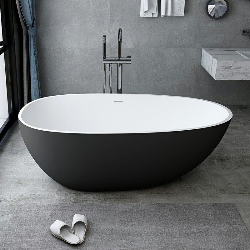 Modern Style Oval Freestanding Bathtub Stone Bathtub with Overflow Trim Black 1\ (2.5cm) Clearhalo 'Bathroom Remodel & Bathroom Fixtures' 'Bathtubs' 'Home Improvement' 'home_improvement' 'home_improvement_bathtubs' 'Showers & Bathtubs' 6812030