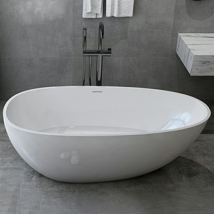 Modern Style Oval Freestanding Bathtub Stone Bathtub with Overflow Trim Gloss White 1\ (2.5cm) Clearhalo 'Bathroom Remodel & Bathroom Fixtures' 'Bathtubs' 'Home Improvement' 'home_improvement' 'home_improvement_bathtubs' 'Showers & Bathtubs' 6812033