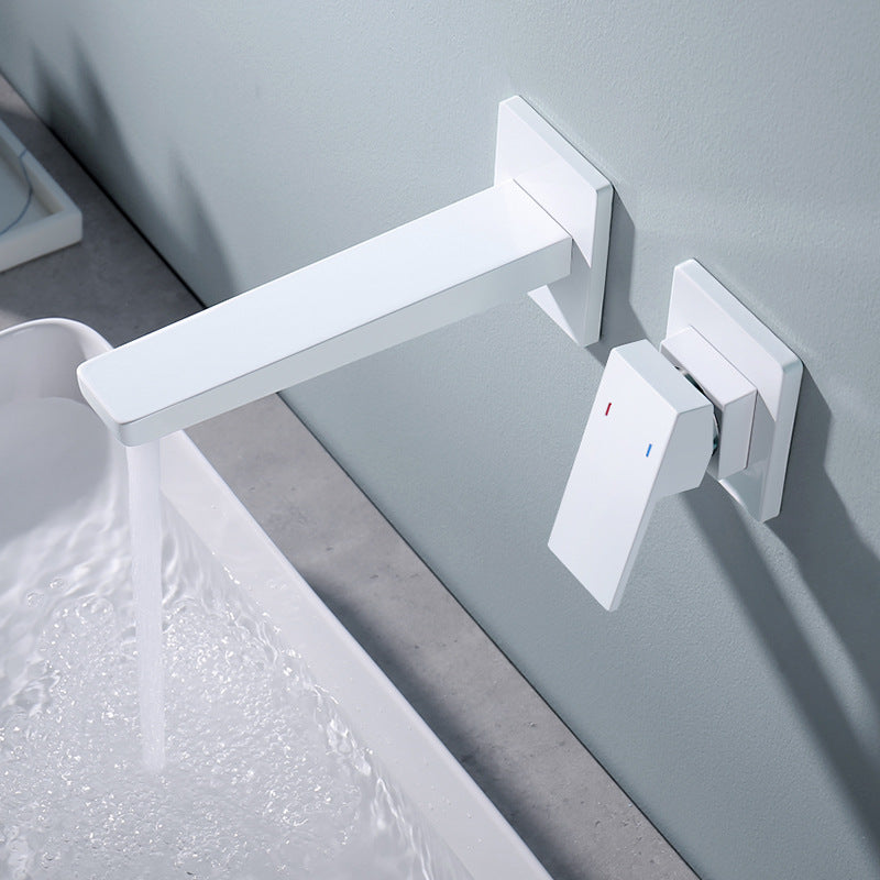 Lever Handle Wall Mounted Bathroom Faucet Modern Faucet with Hot and Cold Indication Blanco Lujoso Clearhalo 'bathroom_sink_faucets' 'Conjunta de Baño y Conjunta de Grifo' 'Coronamiento de Baño y Dispositivo de Baño' 'Grifo del lavabo del baño' 'Hogar' 'home_improvement' 'home_improvement_bathroom_sink_faucets' 'Mejoras para el hogar' 6818235