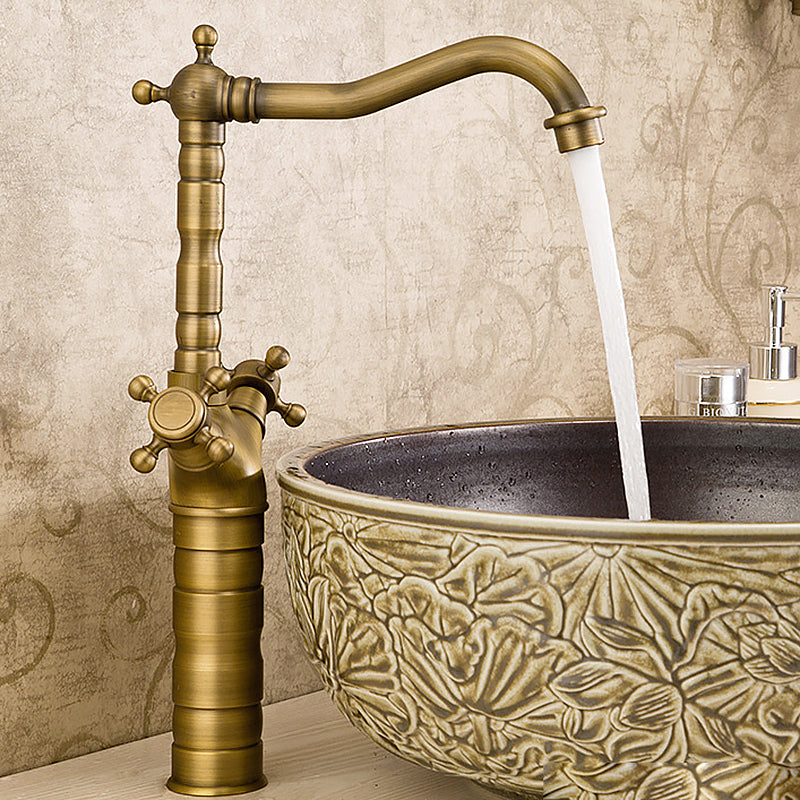 Glam Vessel Sink Bathroom Faucet Brass Cross Handles Swivel Spout Lavatory Faucet Latón 14.8" Clearhalo 'bathroom_sink_faucets' 'Conjunta de Baño y Conjunta de Grifo' 'Coronamiento de Baño y Dispositivo de Baño' 'Grifo del lavabo del baño' 'Hogar' 'home_improvement' 'home_improvement_bathroom_sink_faucets' 'Mejoras para el hogar' 6819684