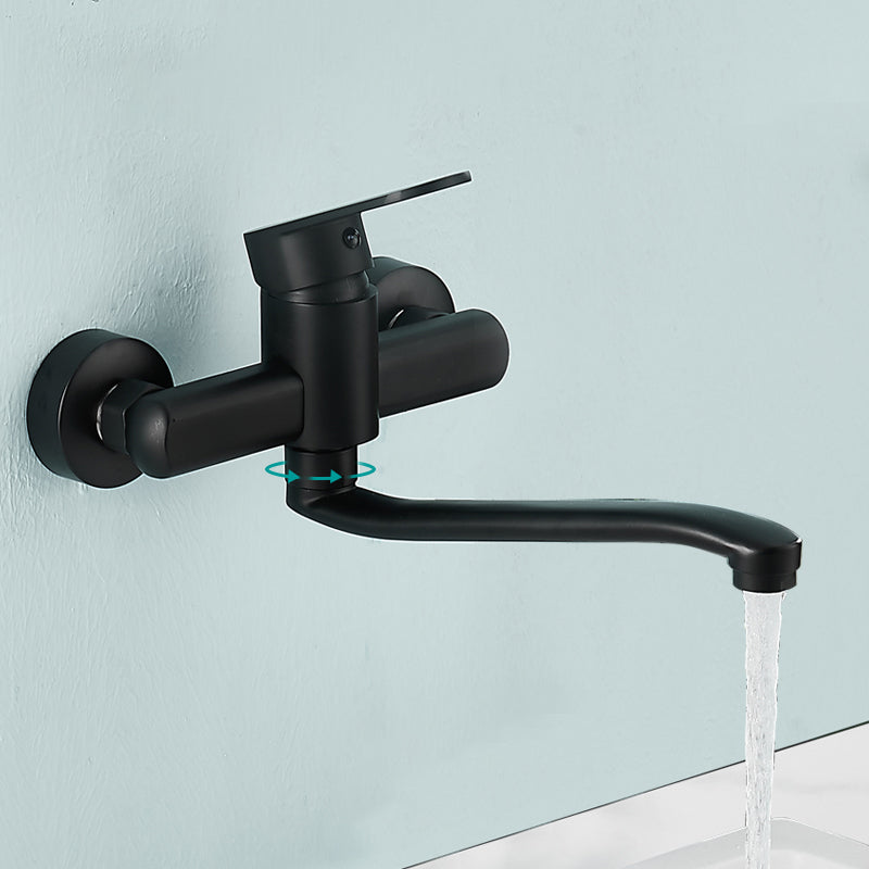 Low Arc Tub Filler Black Swivel Single Lever Handle Wall-Mounted Copper Tub Filler Clearhalo 'Bathroom Remodel & Bathroom Fixtures' 'Bathtub Faucets' 'bathtub_faucets' 'Home Improvement' 'home_improvement' 'home_improvement_bathtub_faucets' 6823308