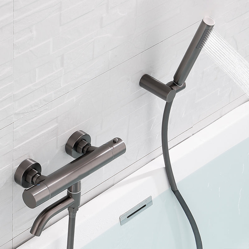 Handshower Tub Filler Black Brass Double Knob Handle Swivel Wall Mount Tub Filler Clearhalo 'Bathroom Remodel & Bathroom Fixtures' 'Bathtub Faucets' 'bathtub_faucets' 'Home Improvement' 'home_improvement' 'home_improvement_bathtub_faucets' 6835810