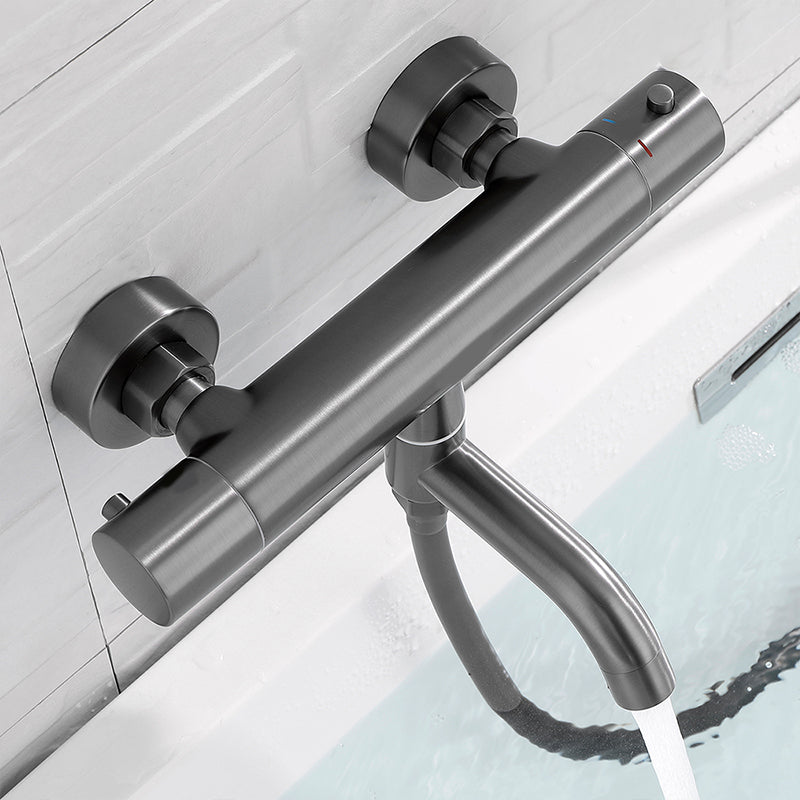 Handshower Tub Filler Black Brass Double Knob Handle Swivel Wall Mount Tub Filler Clearhalo 'Bathroom Remodel & Bathroom Fixtures' 'Bathtub Faucets' 'bathtub_faucets' 'Home Improvement' 'home_improvement' 'home_improvement_bathtub_faucets' 6835812