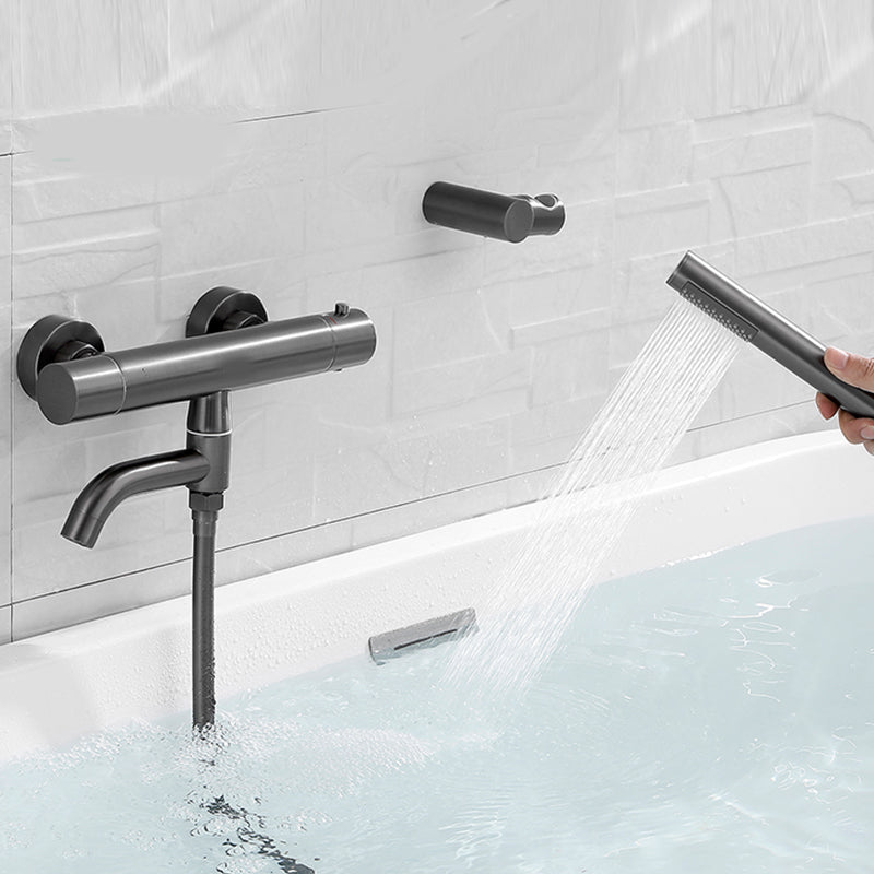 Handshower Tub Filler Black Brass Double Knob Handle Swivel Wall Mount Tub Filler Clearhalo 'Bathroom Remodel & Bathroom Fixtures' 'Bathtub Faucets' 'bathtub_faucets' 'Home Improvement' 'home_improvement' 'home_improvement_bathtub_faucets' 6835814