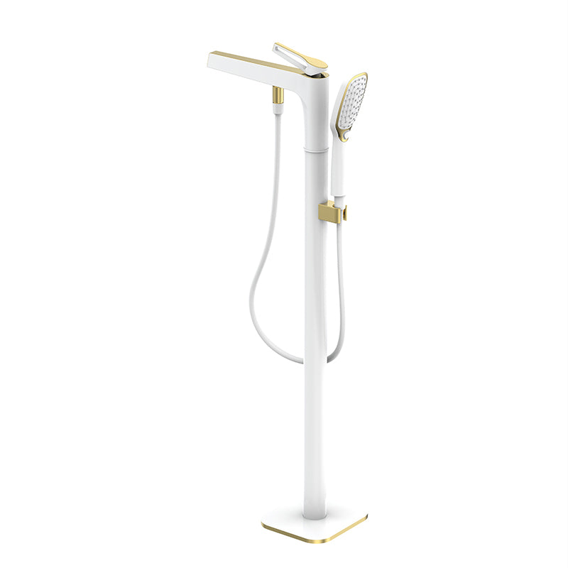 Bathroom Faucet Floor Standing Handheld Shower Head Rod Handle Faucet White-Gold Clearhalo 'Bathroom Remodel & Bathroom Fixtures' 'Bathtub Faucets' 'bathtub_faucets' 'Home Improvement' 'home_improvement' 'home_improvement_bathtub_faucets' 6835851