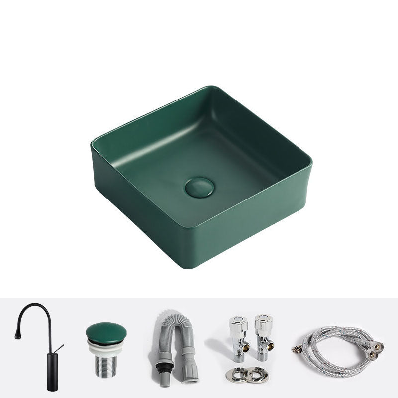 Modern Bathroom Sink Rectangular Vessel Lavatory Sink in Green 14"L x 14"W x 5"H Sink with Faucet Clearhalo 'Bathroom Remodel & Bathroom Fixtures' 'Bathroom Sinks & Faucet Components' 'Bathroom Sinks' 'bathroom_sink' 'Home Improvement' 'home_improvement' 'home_improvement_bathroom_sink' 6836117