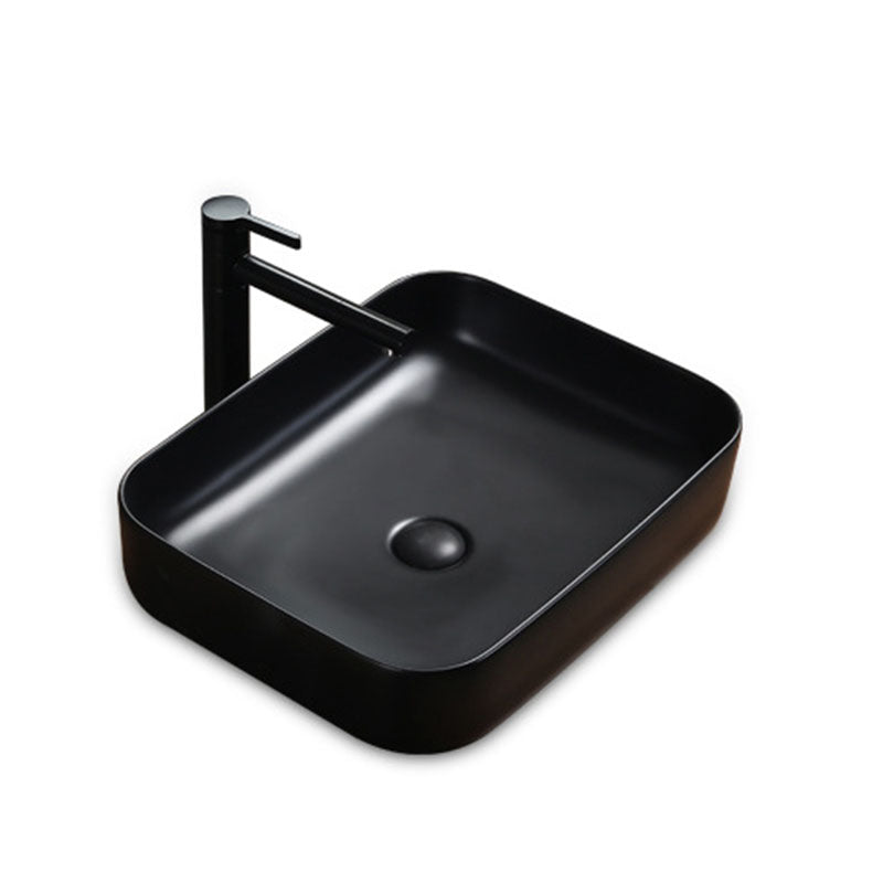 Modern Bathroom Sink Rectangular Porcelain Trough Sink with Pop-Up Drain 16.3"L x 16.3"W x 5.3"H Black Sink with Faucet Clearhalo 'Bathroom Remodel & Bathroom Fixtures' 'Bathroom Sinks & Faucet Components' 'Bathroom Sinks' 'bathroom_sink' 'Home Improvement' 'home_improvement' 'home_improvement_bathroom_sink' 6836187