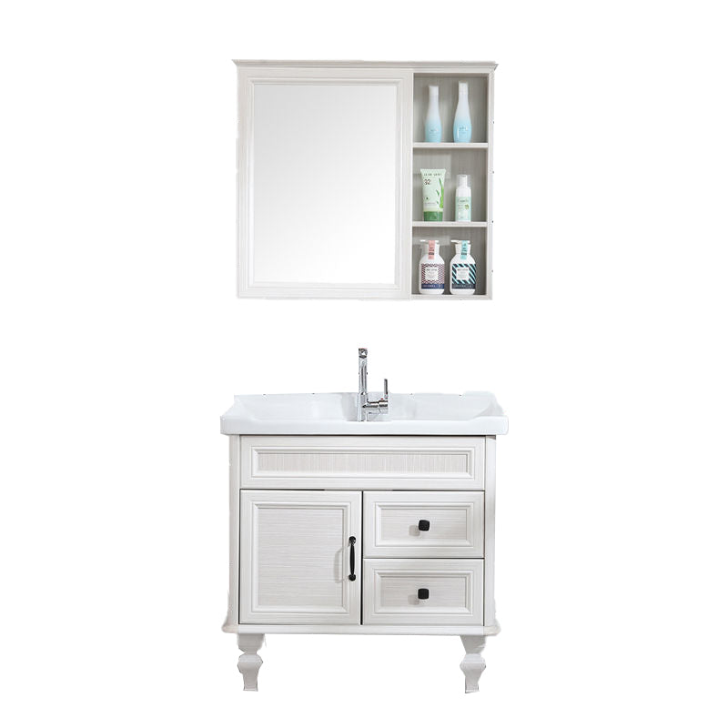 Traditional Bathroom Vanity Free-standing Standard Mirror Cabinet Wooden Vanity Cabinet Vanity & Faucet & Mirror Cabinet 31.9"L x 18.9"W x 32.7"H Beige Clearhalo 'Bathroom Remodel & Bathroom Fixtures' 'Bathroom Vanities' 'bathroom_vanities' 'Home Improvement' 'home_improvement' 'home_improvement_bathroom_vanities' 6836343