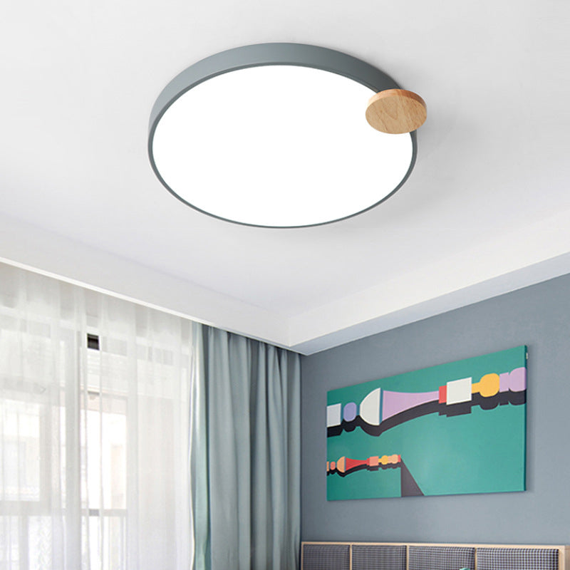 Modern Round Flush Light Fixture 12"/16"/19.5" W LED Acrylic Metal Flush Mount Lamp for Bedroom with Wood Detail, White/Grey Grey Clearhalo 'Ceiling Lights' 'Close To Ceiling Lights' 'Close to ceiling' Lighting' 684072