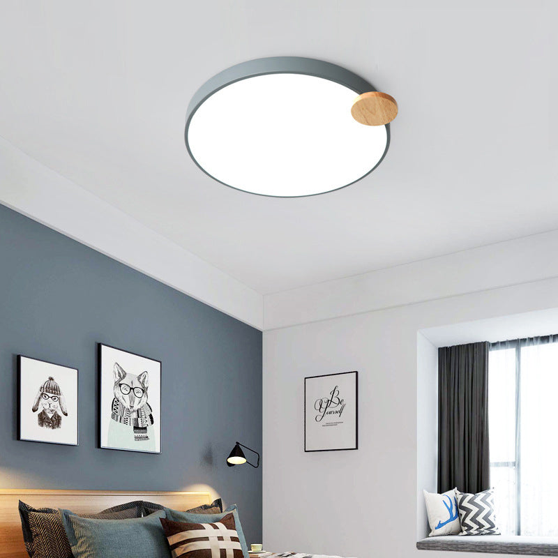 Modern Round Flush Light Fixture 12"/16"/19.5" W LED Acrylic Metal Flush Mount Lamp for Bedroom with Wood Detail, White/Grey Clearhalo 'Ceiling Lights' 'Close To Ceiling Lights' 'Close to ceiling' Lighting' 684073