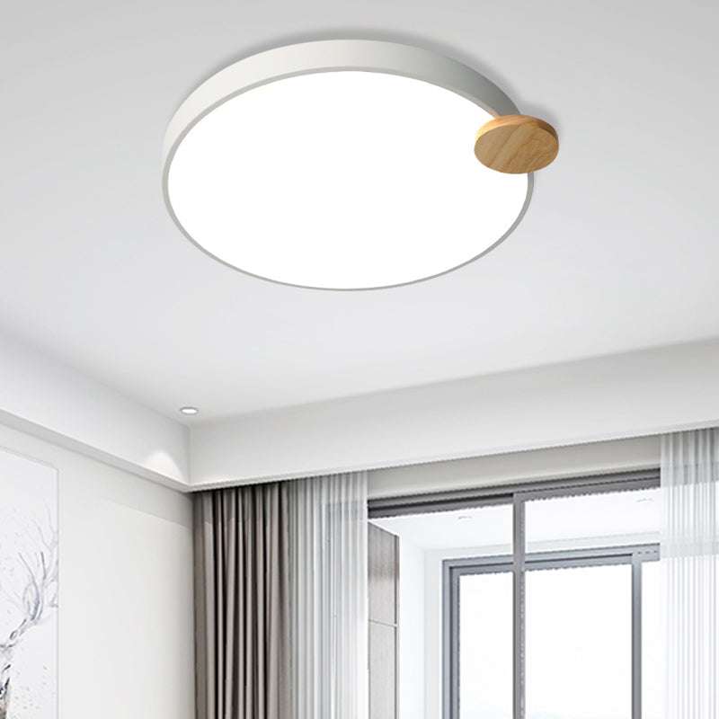 Modern Round Flush Light Fixture 12"/16"/19.5" W LED Acrylic Metal Flush Mount Lamp for Bedroom with Wood Detail, White/Grey White Clearhalo 'Ceiling Lights' 'Close To Ceiling Lights' 'Close to ceiling' Lighting' 684086