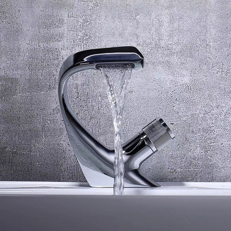 Knob Handle Faucet Contemporary Style Faucet with Waterfall Spout Silver Clearhalo 'Bathroom Remodel & Bathroom Fixtures' 'Bathroom Sink Faucets' 'Bathroom Sinks & Faucet Components' 'bathroom_sink_faucets' 'Home Improvement' 'home_improvement' 'home_improvement_bathroom_sink_faucets' 6841853