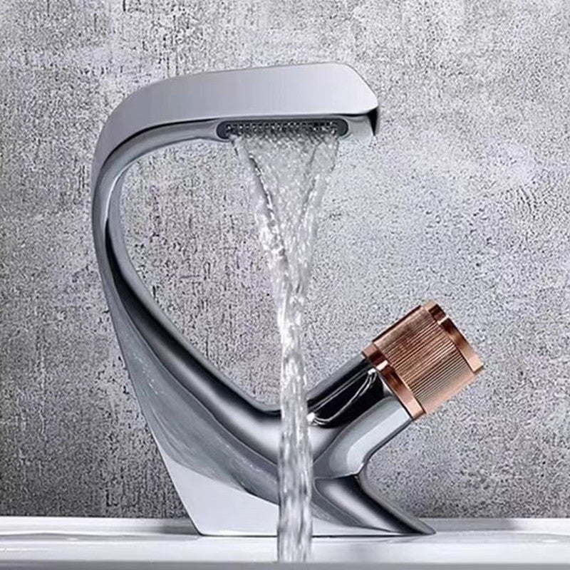 Knob Handle Faucet Contemporary Style Faucet with Waterfall Spout Silver/ Gold Clearhalo 'Bathroom Remodel & Bathroom Fixtures' 'Bathroom Sink Faucets' 'Bathroom Sinks & Faucet Components' 'bathroom_sink_faucets' 'Home Improvement' 'home_improvement' 'home_improvement_bathroom_sink_faucets' 6841855