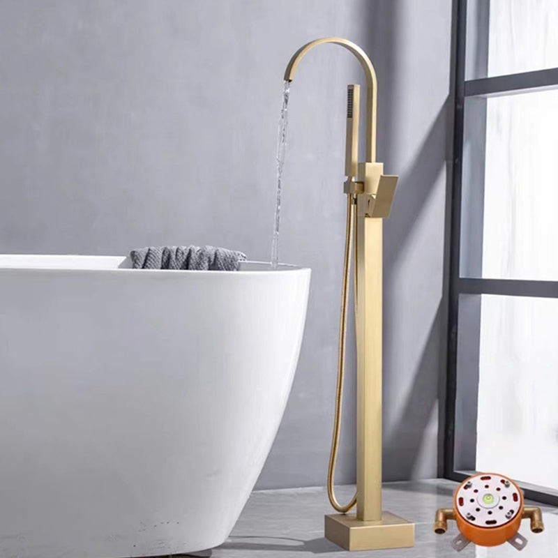 Floor Mounted Metal Freestanding Tub Filler Rotatable Freestanding Bathtub Faucet Gold Umbrella Pipe Clearhalo 'Bathroom Remodel & Bathroom Fixtures' 'Bathtub Faucets' 'bathtub_faucets' 'Home Improvement' 'home_improvement' 'home_improvement_bathtub_faucets' 6842387