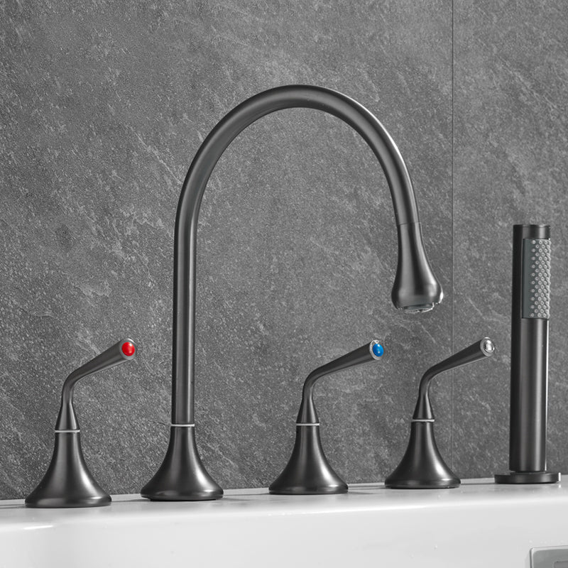 Deck Mounted Copper Roman Tub Faucet Low Arc 3 Handles Roman Tub Faucet Set Gun Grey Gooseneck Lever Handles Clearhalo 'Bathroom Remodel & Bathroom Fixtures' 'Bathtub Faucets' 'bathtub_faucets' 'Home Improvement' 'home_improvement' 'home_improvement_bathtub_faucets' 6842417