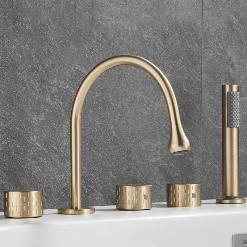 Deck Mounted Copper Roman Tub Faucet Low Arc 3 Handles Roman Tub Faucet Set Gold Gooseneck Knob Handles Clearhalo 'Bathroom Remodel & Bathroom Fixtures' 'Bathtub Faucets' 'bathtub_faucets' 'Home Improvement' 'home_improvement' 'home_improvement_bathtub_faucets' 6842422