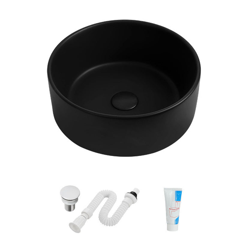 Modern Vessel Sink Round Porcelain with Faucet Vessel Lavatory Sink 16"L x 16"W x 5"H Black Sink Clearhalo 'Bathroom Remodel & Bathroom Fixtures' 'Bathroom Sinks & Faucet Components' 'Bathroom Sinks' 'bathroom_sink' 'Home Improvement' 'home_improvement' 'home_improvement_bathroom_sink' 6849366