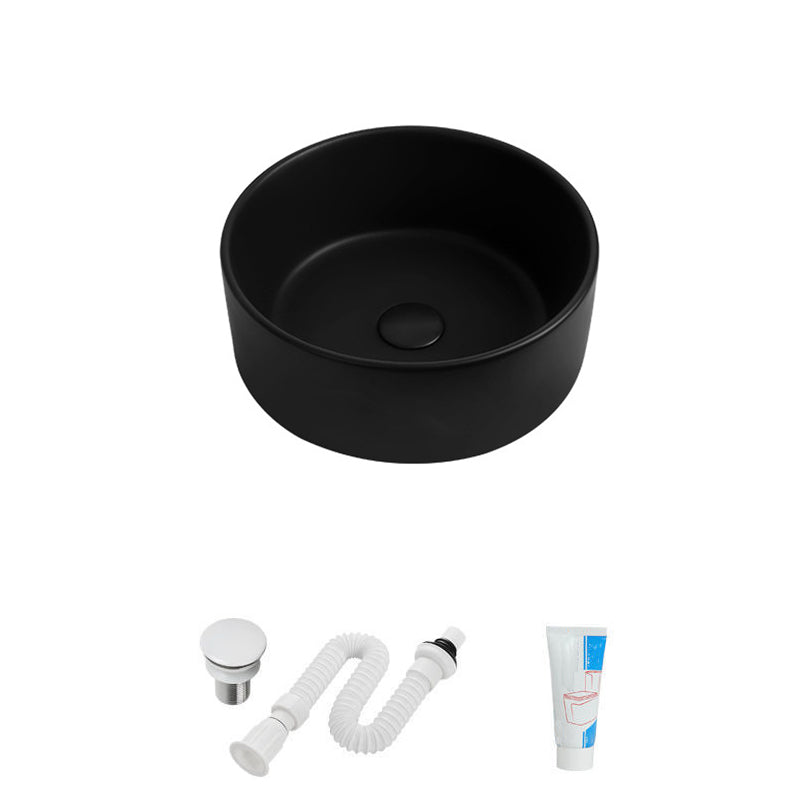 Modern Vessel Sink Round Porcelain with Faucet Vessel Lavatory Sink 14"L x 14"W x 4"H Black Sink Clearhalo 'Bathroom Remodel & Bathroom Fixtures' 'Bathroom Sinks & Faucet Components' 'Bathroom Sinks' 'bathroom_sink' 'Home Improvement' 'home_improvement' 'home_improvement_bathroom_sink' 6849368