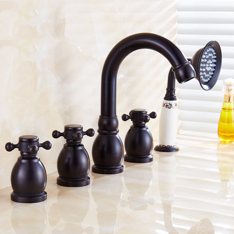 Traditional Roman Tub Faucet Set Copper Deck Mounted Triple Handle Roman Bathtub Faucet Black Gourd Clearhalo 'Bathroom Remodel & Bathroom Fixtures' 'Bathtub Faucets' 'bathtub_faucets' 'Home Improvement' 'home_improvement' 'home_improvement_bathtub_faucets' 6849655