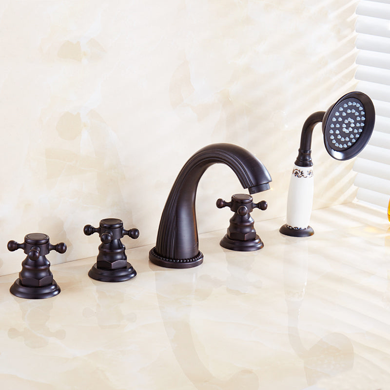 Traditional Roman Tub Faucet Set Copper Deck Mounted Triple Handle Roman Bathtub Faucet Black Low Radian Clearhalo 'Bathroom Remodel & Bathroom Fixtures' 'Bathtub Faucets' 'bathtub_faucets' 'Home Improvement' 'home_improvement' 'home_improvement_bathtub_faucets' 6849659