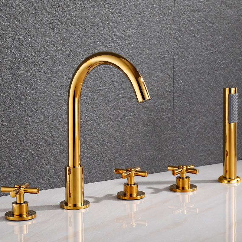 Traditional Roman Tub Faucet Set Copper Deck Mounted Triple Handle Roman Bathtub Faucet Gold High Arc Clearhalo 'Bathroom Remodel & Bathroom Fixtures' 'Bathtub Faucets' 'bathtub_faucets' 'Home Improvement' 'home_improvement' 'home_improvement_bathtub_faucets' 6849664