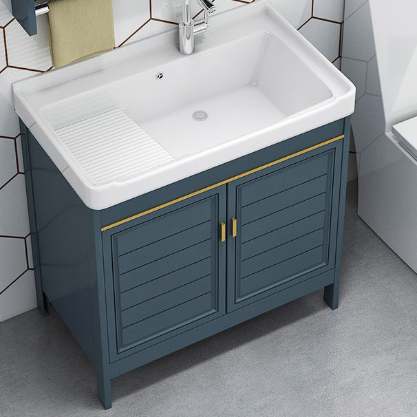 Blue Bath Vanity Single Sink Freestanding Metal Frame Mirror Vanity with Soft Close Doors Clearhalo 'Bathroom Remodel & Bathroom Fixtures' 'Bathroom Vanities' 'bathroom_vanities' 'Home Improvement' 'home_improvement' 'home_improvement_bathroom_vanities' 6849845