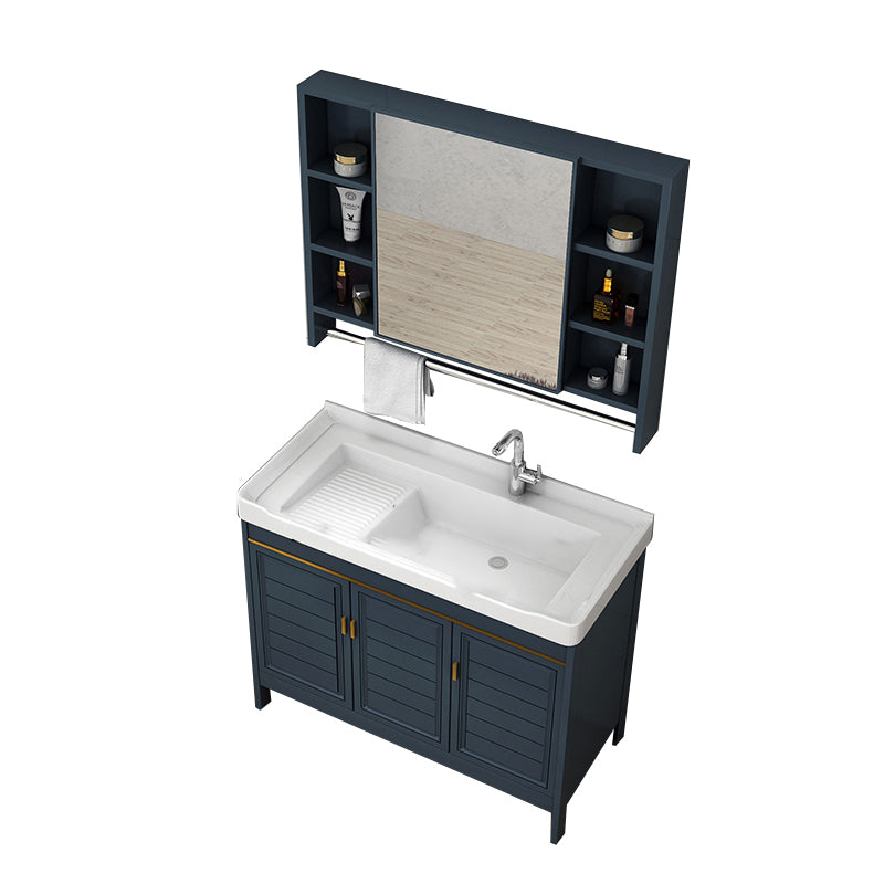 Blue Bath Vanity Single Sink Freestanding Metal Frame Mirror Vanity with Soft Close Doors Vanity & Faucet & Mirror Cabinet Clearhalo 'Bathroom Remodel & Bathroom Fixtures' 'Bathroom Vanities' 'bathroom_vanities' 'Home Improvement' 'home_improvement' 'home_improvement_bathroom_vanities' 6849847